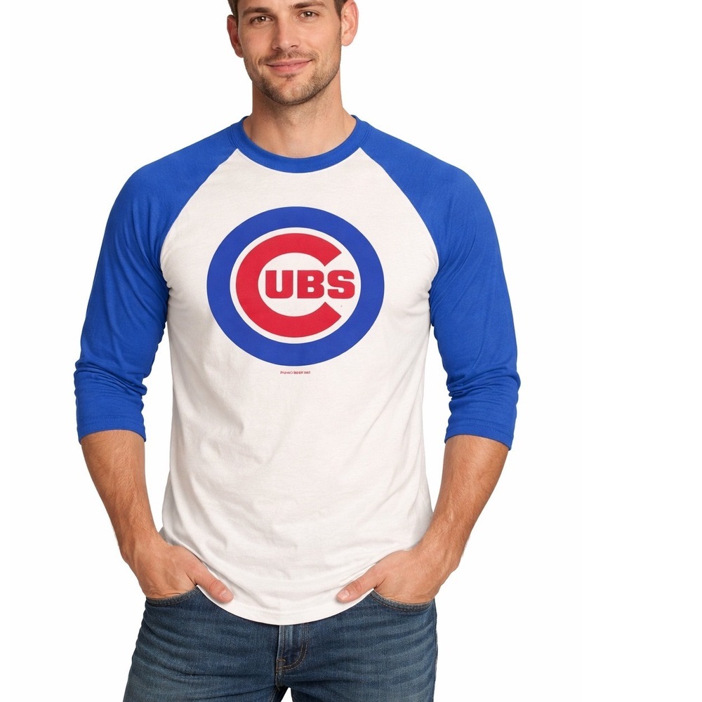 Mens Chicago Cubs Majestic 2003 Raglan Baseball Tee Blue White Small